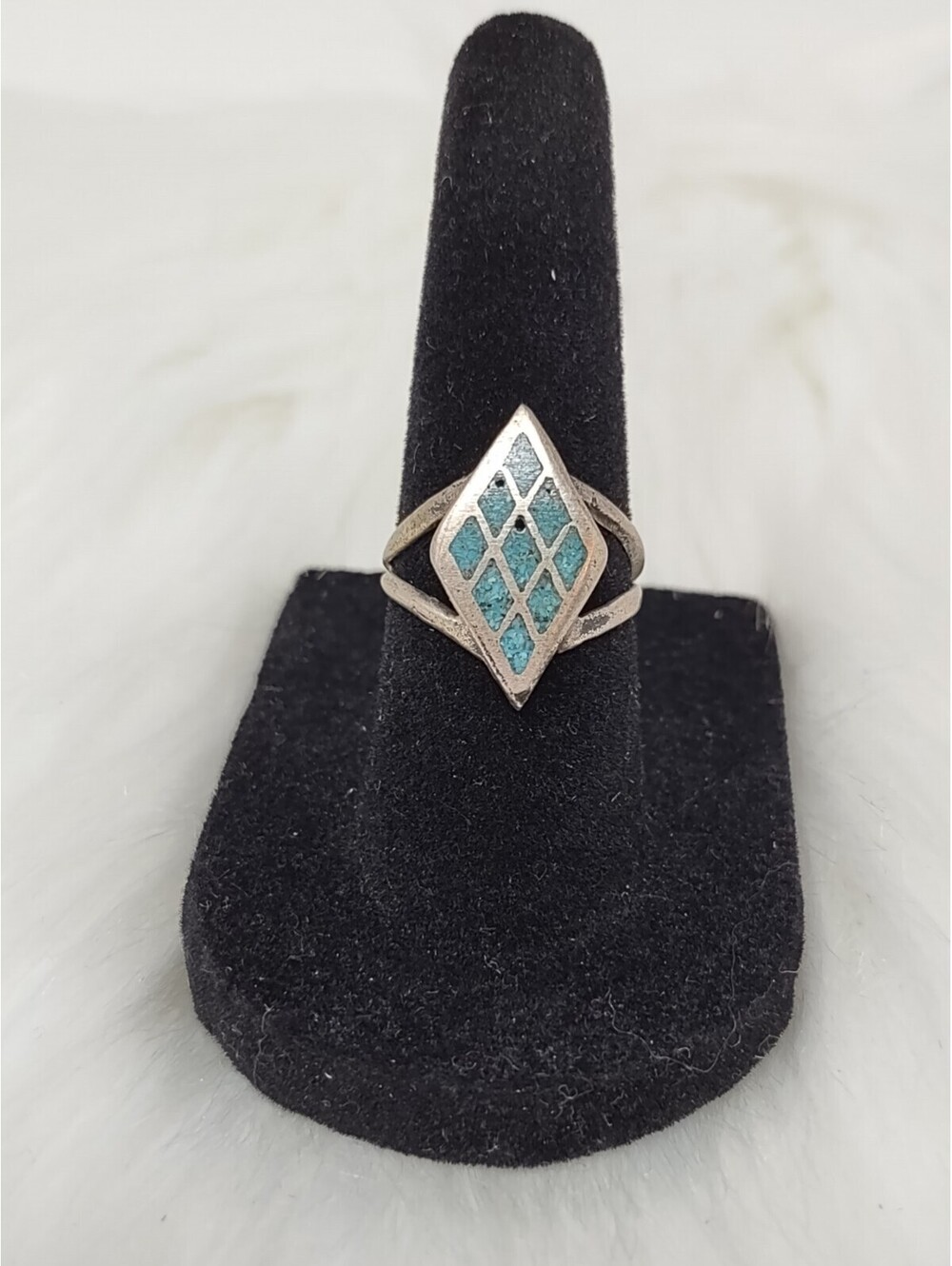 Sterling Silver Turquoise Inlay Diamond Shape Ring Sz 5 3.1g